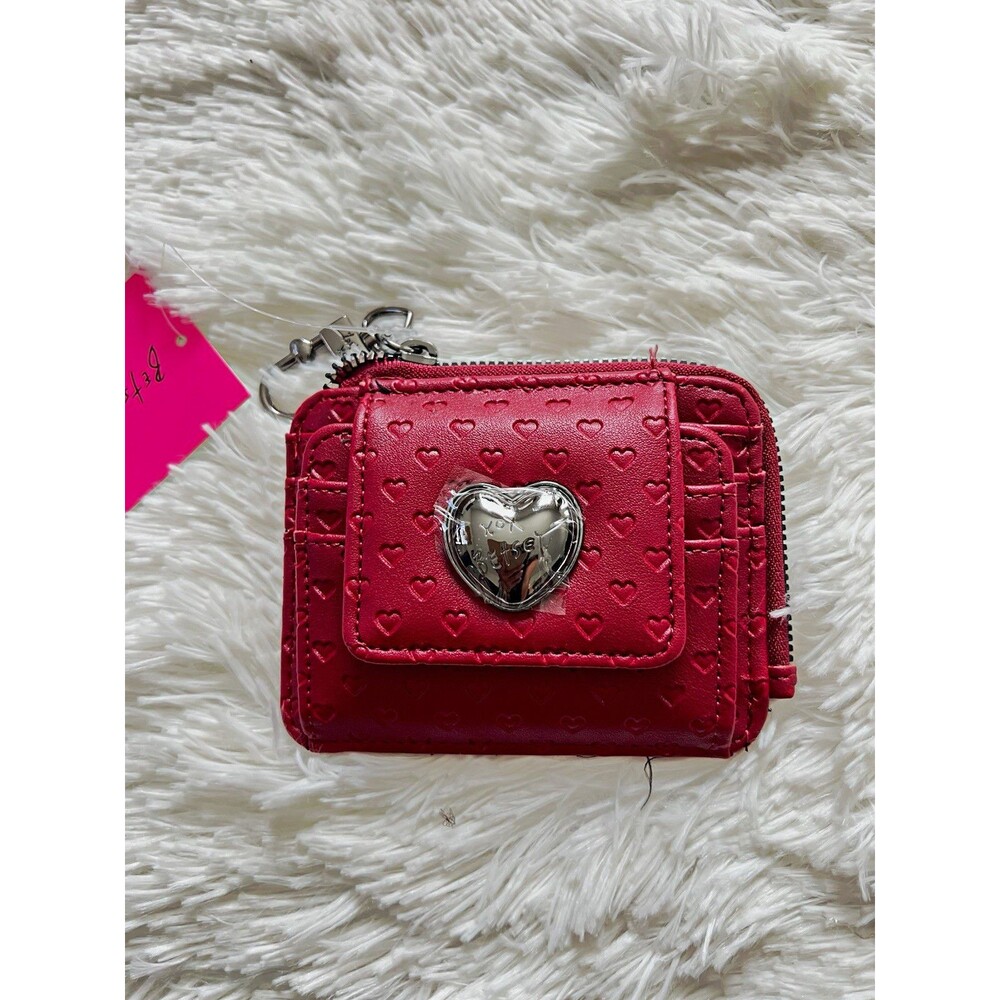 NWT Betsey Johnson Cranberry Red Embossed Hearts Card Case Wallet Keychain Clip